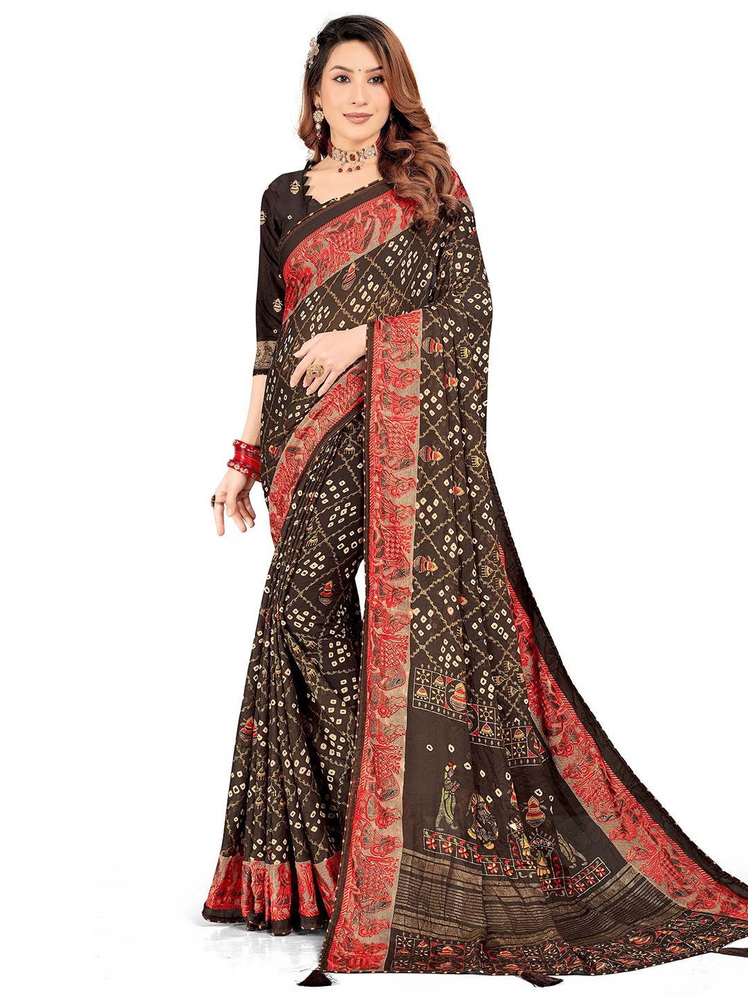 

TINA FASHION Bandhani Bandhani Saree, Brown