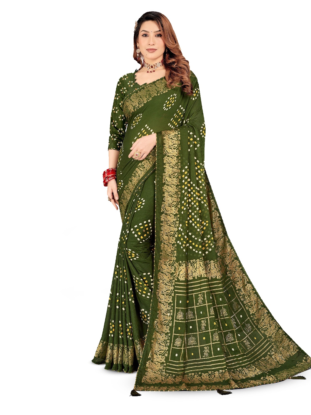 

TINA FASHION Bandhani Printed Zari Saree, Green