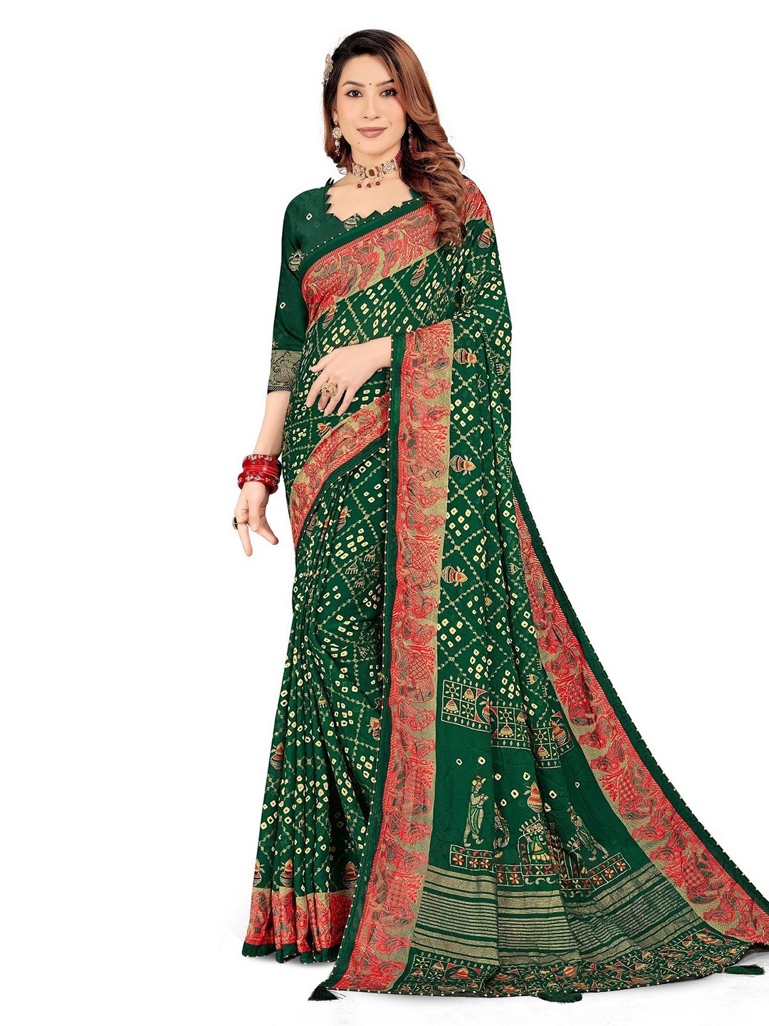 

TINA FASHION Bandhani Saree, Green