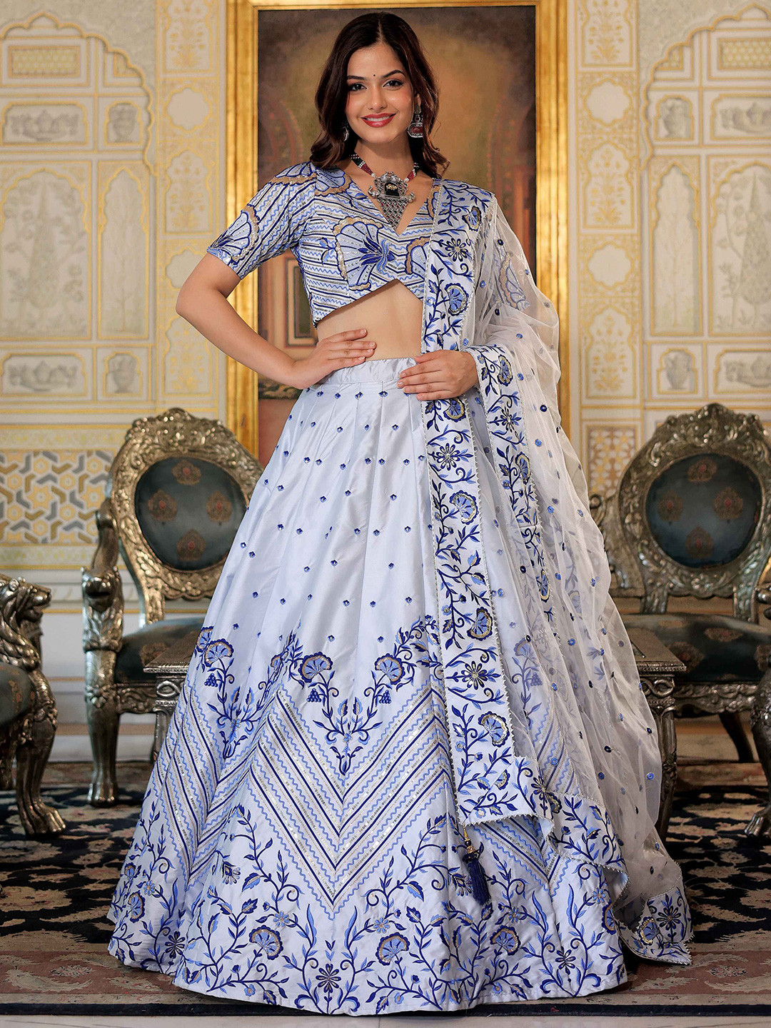 

FABPIXEL Embroidered Sequinned Semi-Stitched Lehenga & Unstitched Blouse With Dupatta, White