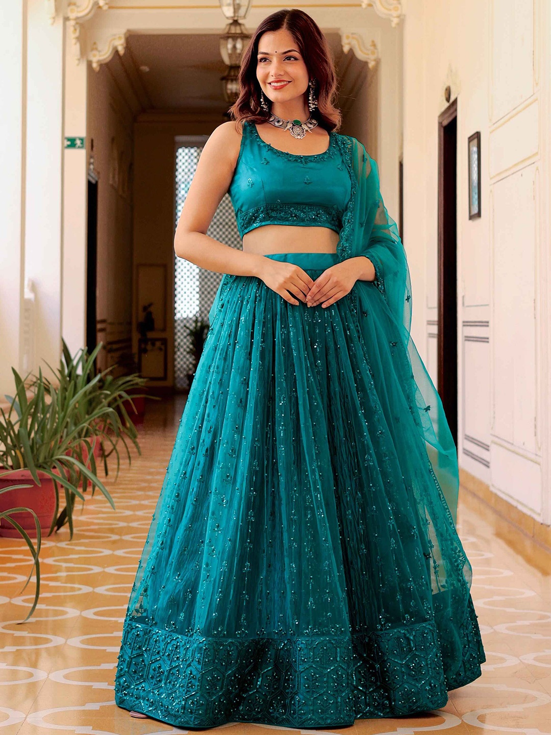 

FABPIXEL Embroidered Sequinned Semi-Stitched Lehenga & Unstitched Blouse With Dupatta, Teal