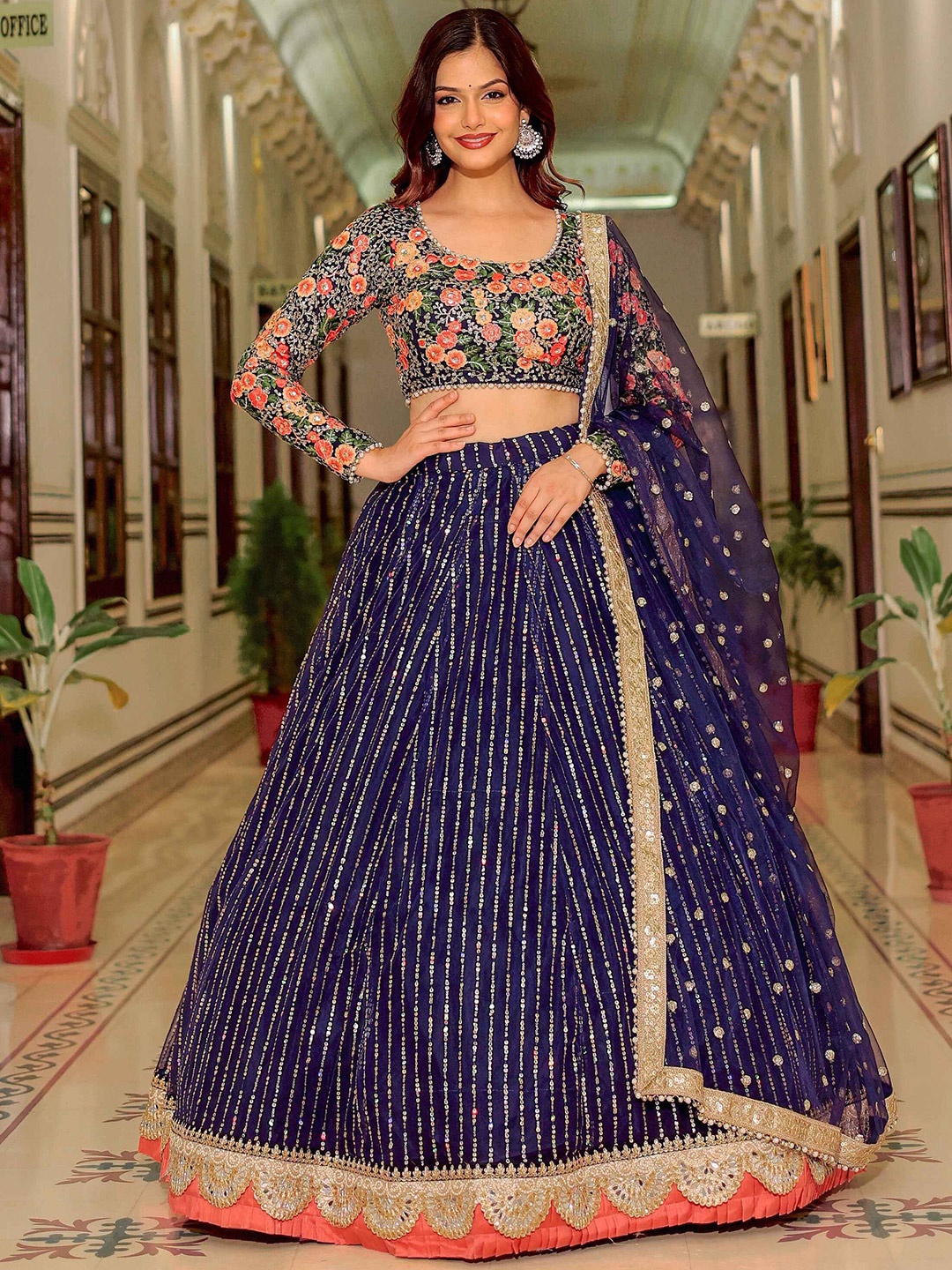 

FABPIXEL Embroidered Sequinned Semi-Stitched Lehenga & Unstitched Blouse With Dupatta, Blue