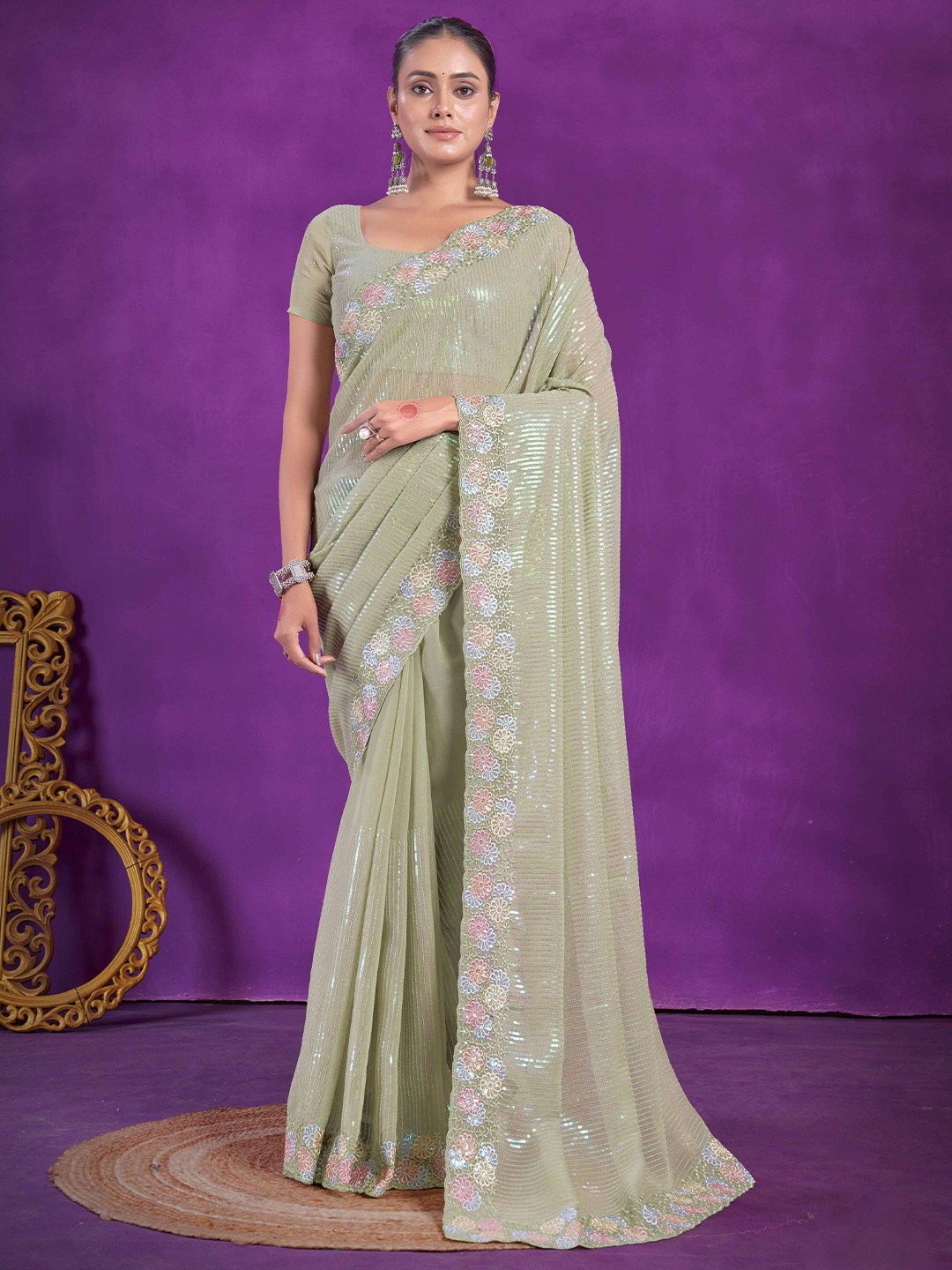 

Panzora Striped Sequinned Organza Saree, Green