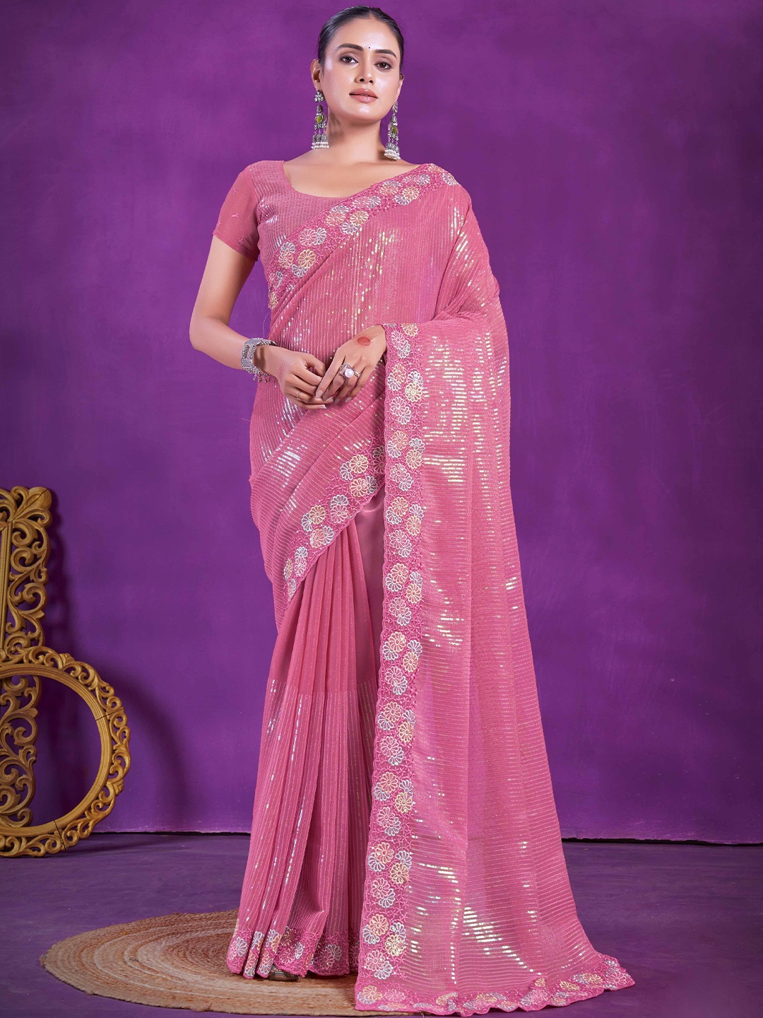 

Panzora Floral Sequinned Organza Saree, Pink