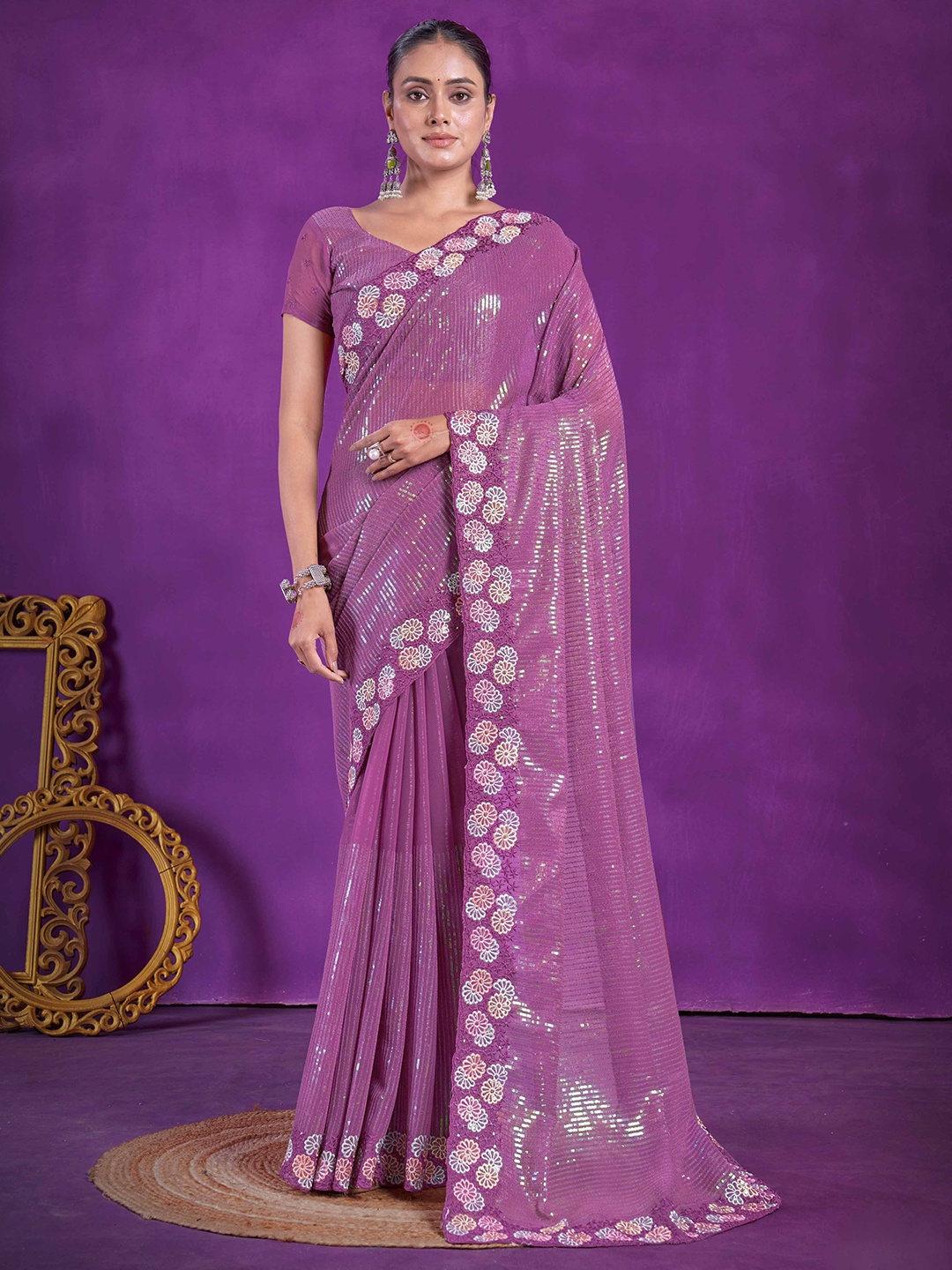 

Panzora Floral Embroidered Sequinned Organza Saree, Purple