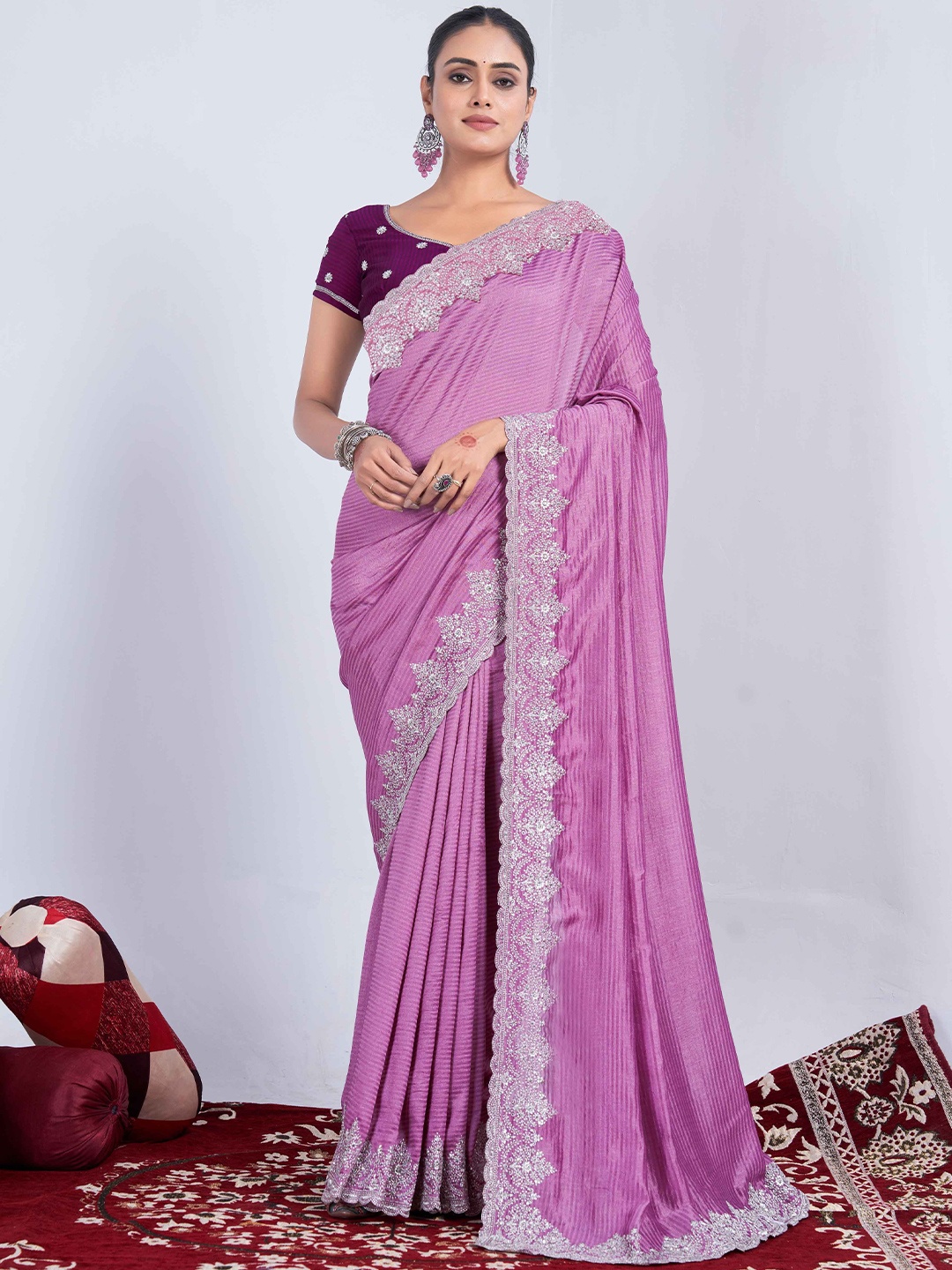 

Panzora Striped Sequinned Saree, Pink