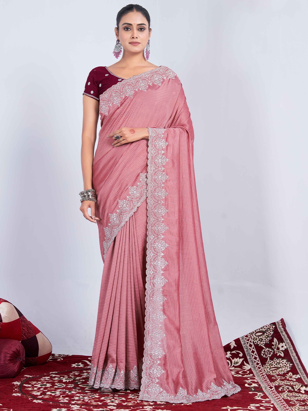 

Panzora Striped Sequinned Embroidered Saree, Peach