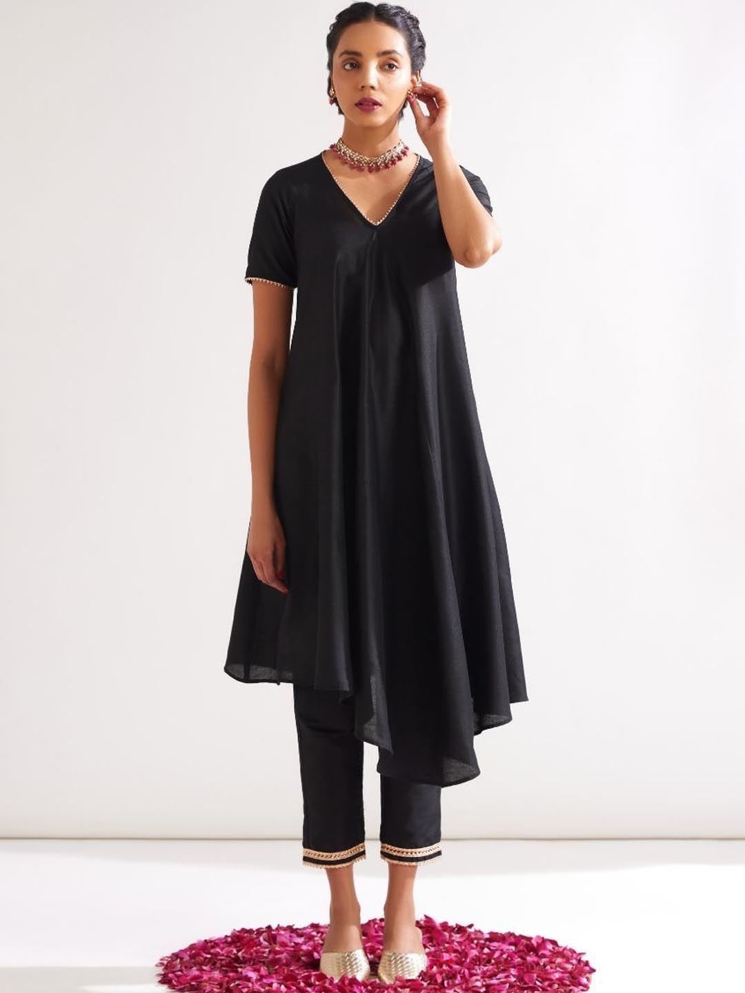 

Abhishti V-Neck Gotta Patti Detail Cotton Silk A-Line Kurta, Black