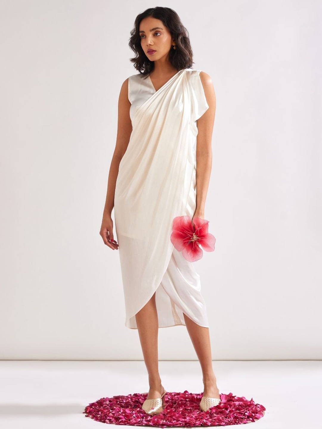 

Abhishti Satin Midi Pleated shoulder draped dress, White