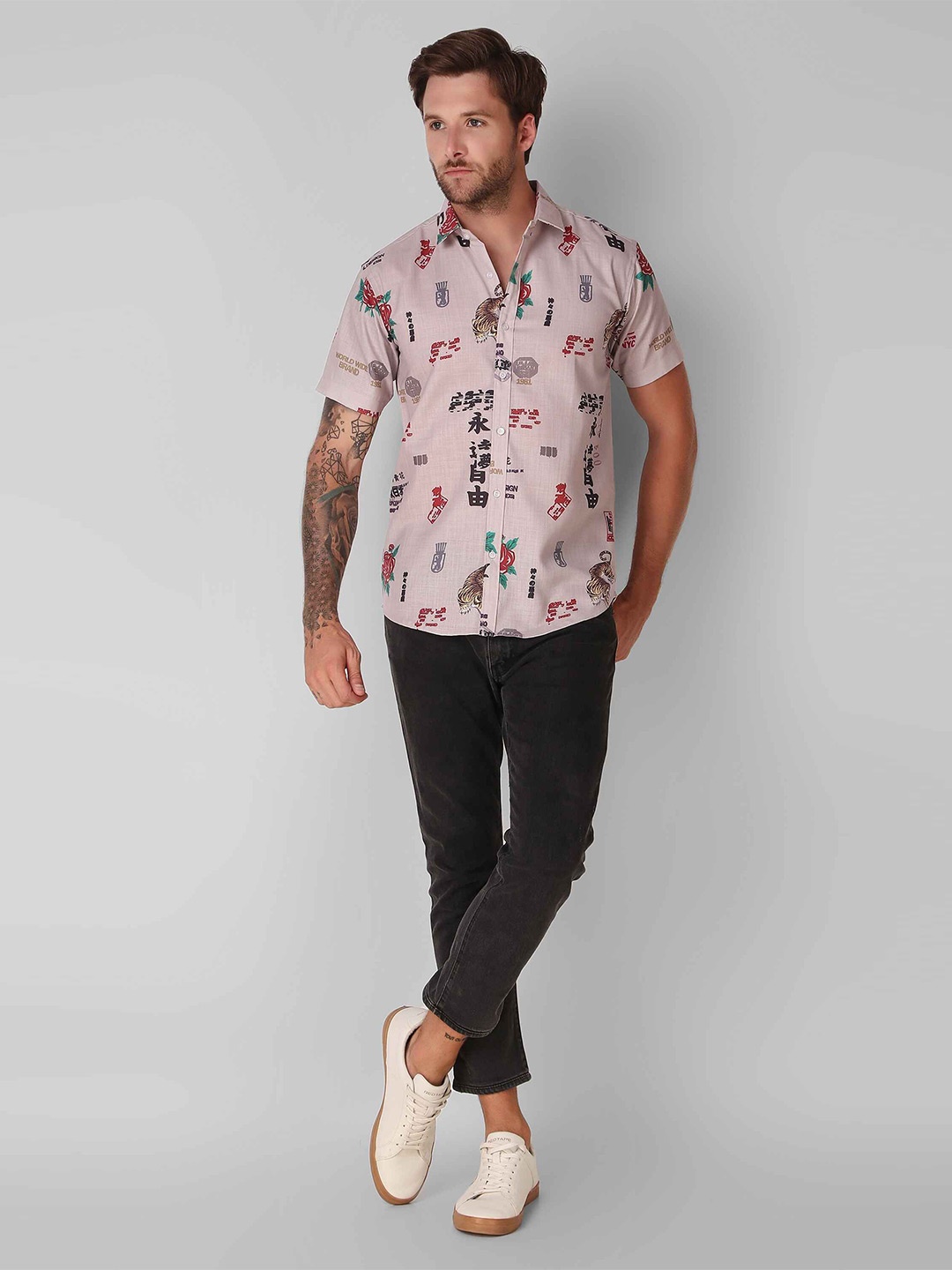 

Cult Indie Men Classic Slim Fit Conversational Printed Casual Shirt, Peach