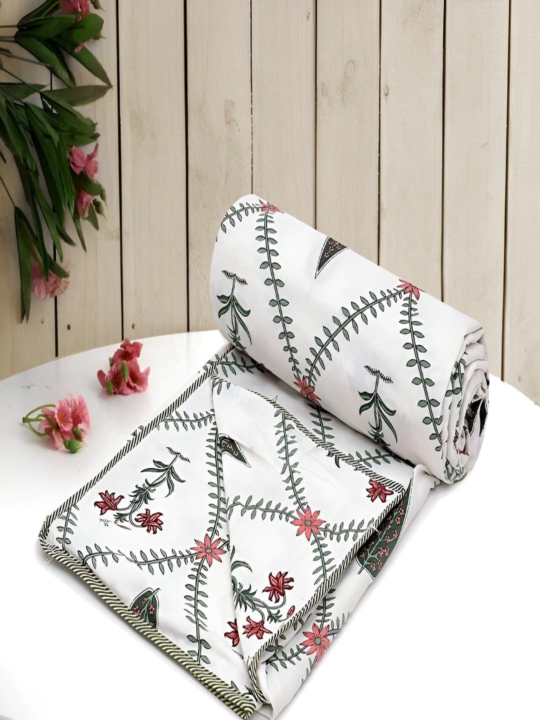 

tundwal's White & Green Floral AC Room 210 GSM Cotton Single Bed Dohar
