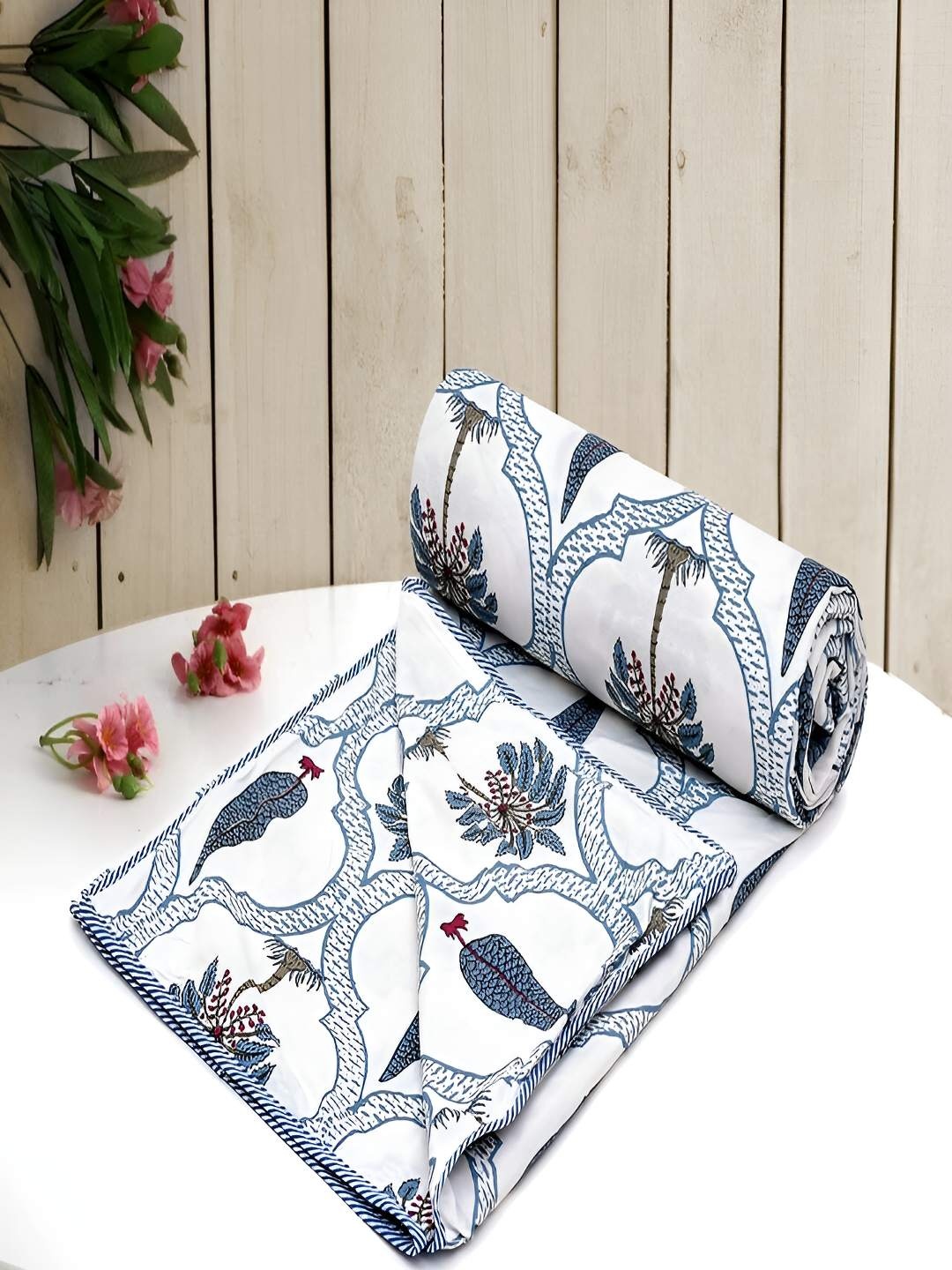 

tundwal's Blue & White Floral AC Room 210 GSM Cotton Double Bed Dohar