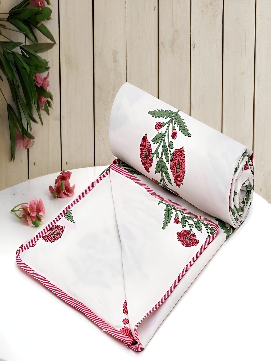 

tundwal's Pink & White Floral AC Room 210 GSM Double Bed Dohar