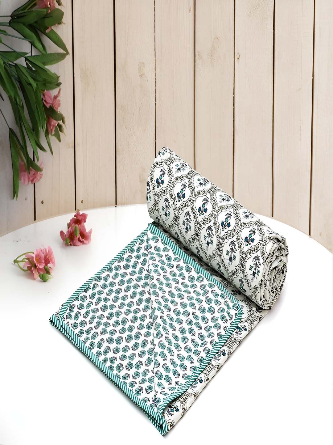 

tundwal's White & Green Floral AC Room 210 GSM Single Bed Dohar