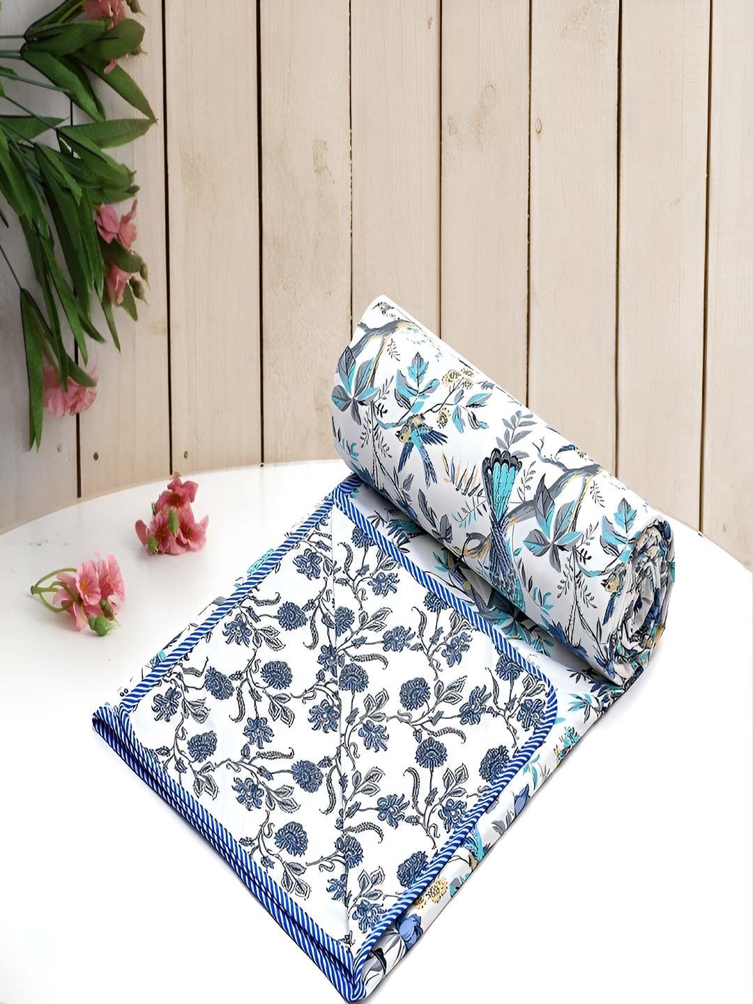 

tundwal's Blue & White Floral AC Room 210 GSM Single Bed Dohar