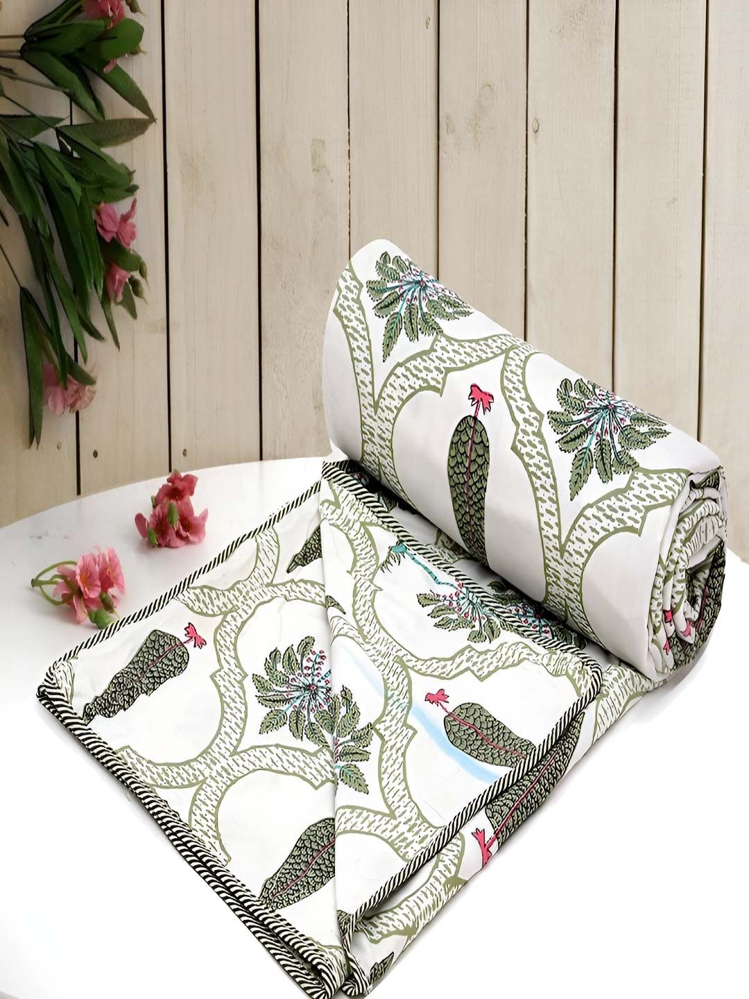 

tundwal's Turquoise Blue & Green Floral AC Room 210 GSM Cotton Double Bed Dohar