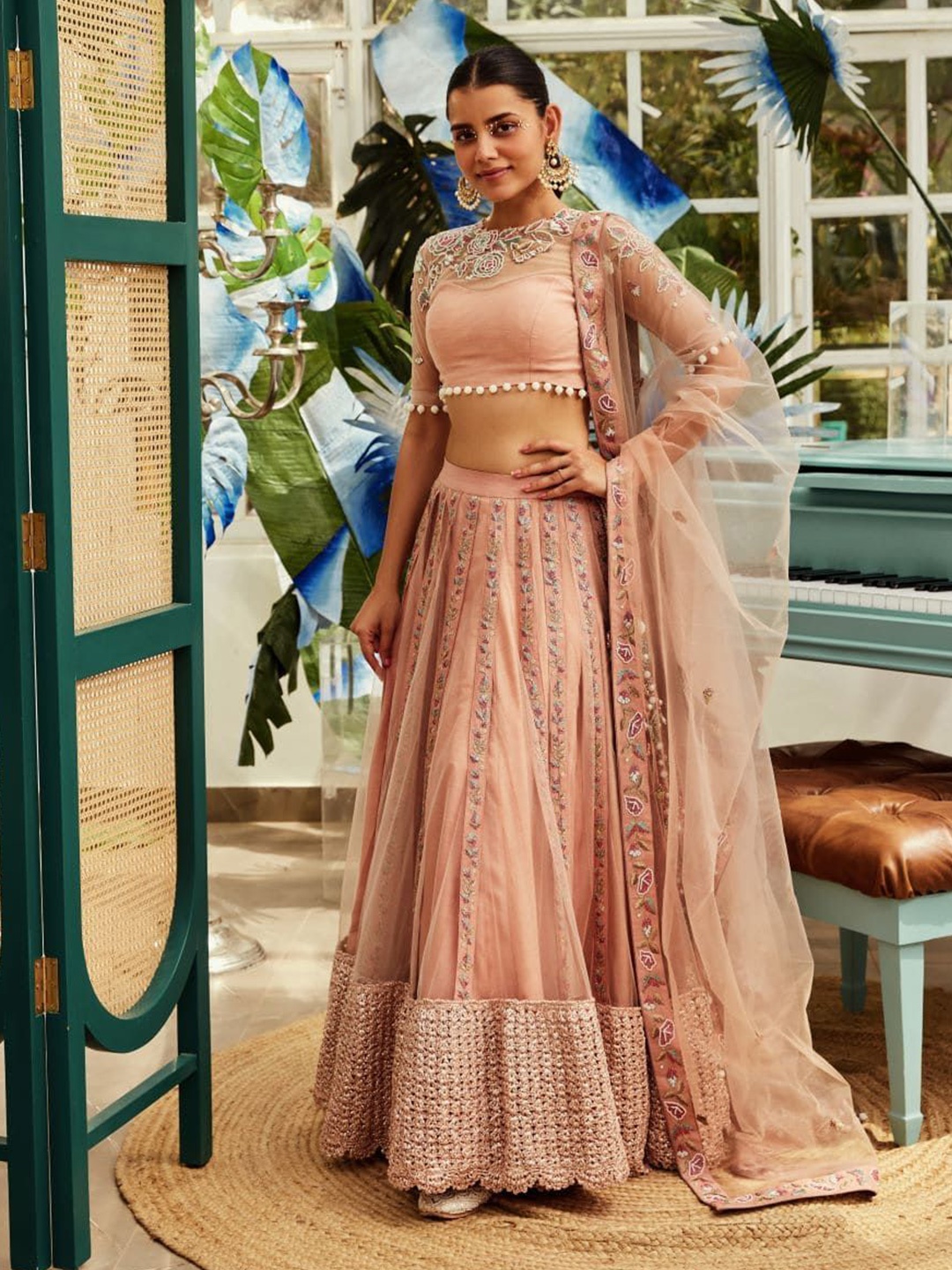 

Nikita Vishakha Embroidered Thread Work Made To Measure Lehenga & Blouse With Dupatta, Peach