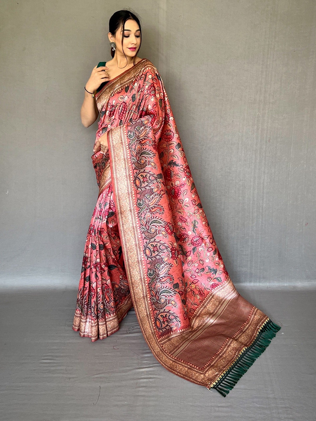 

RV CREATION Kalamkari Tussar Saree, Pink