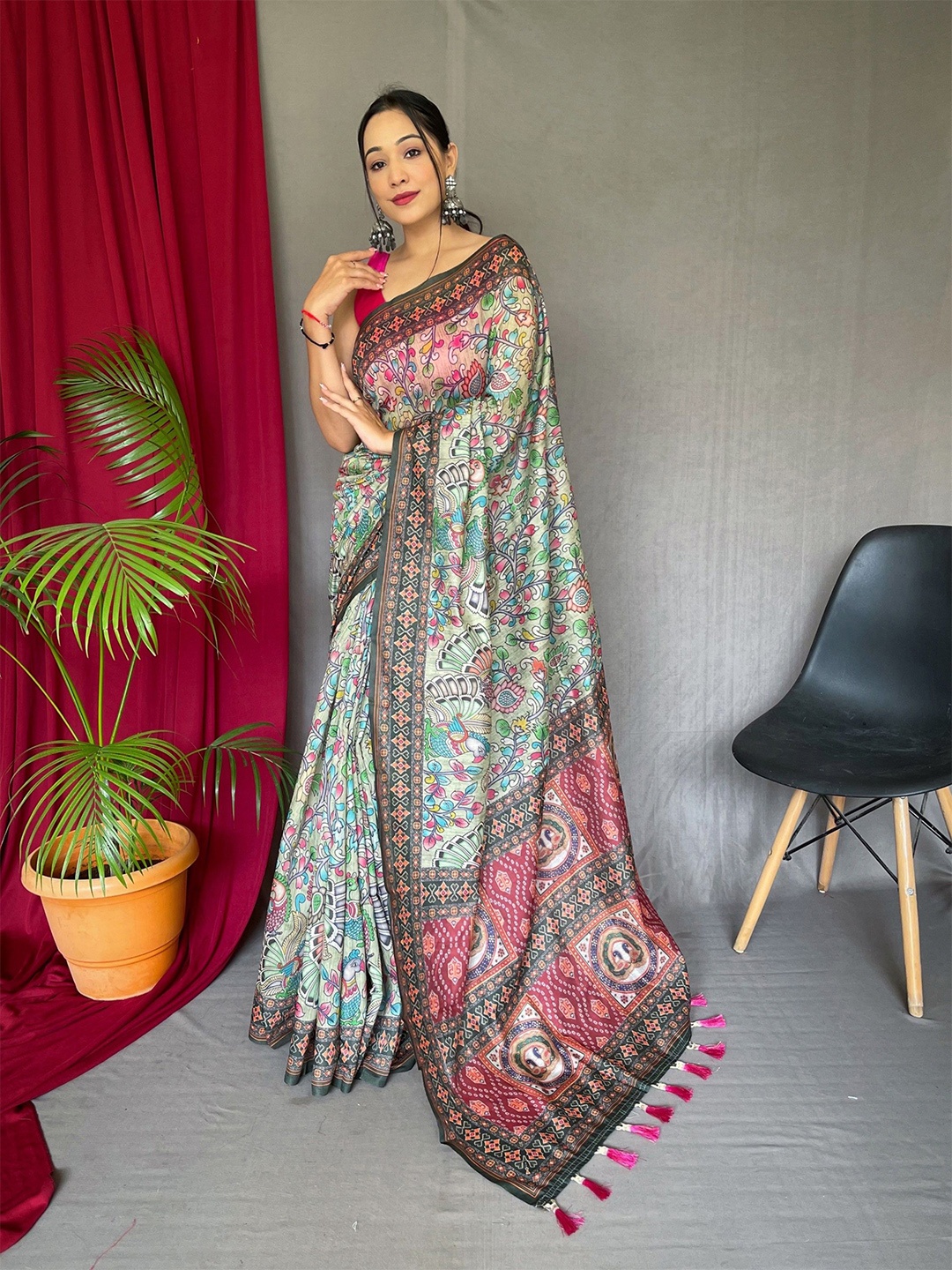 

RV CREATION Kalamkari Tussar Saree, Green