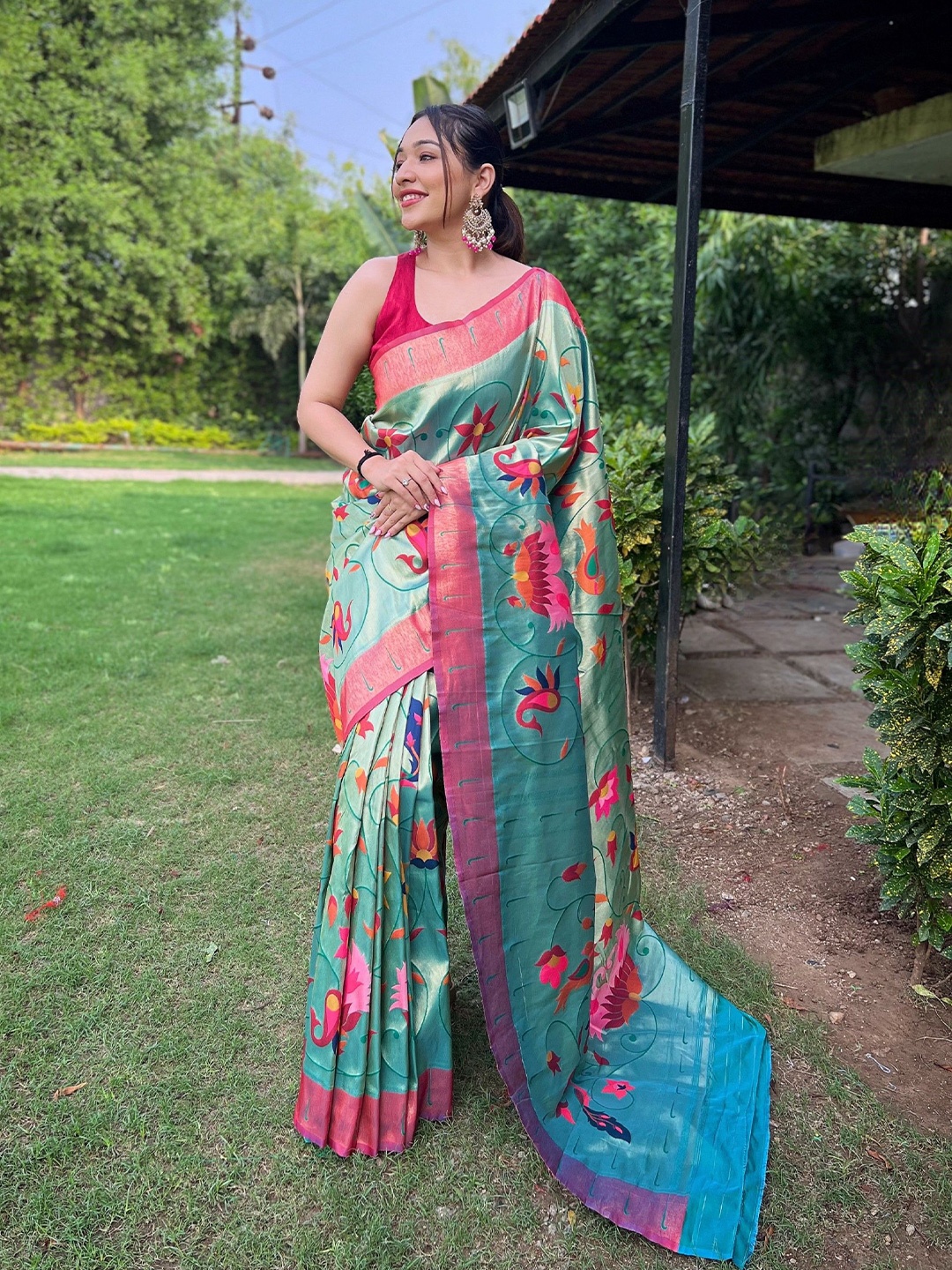 

RV CREATION Woven Design Zari Designer Paithani Saree, Teal