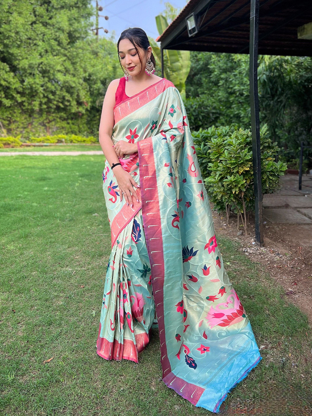 

RV CREATION Woven Design Zari Paithani Saree, Turquoise blue