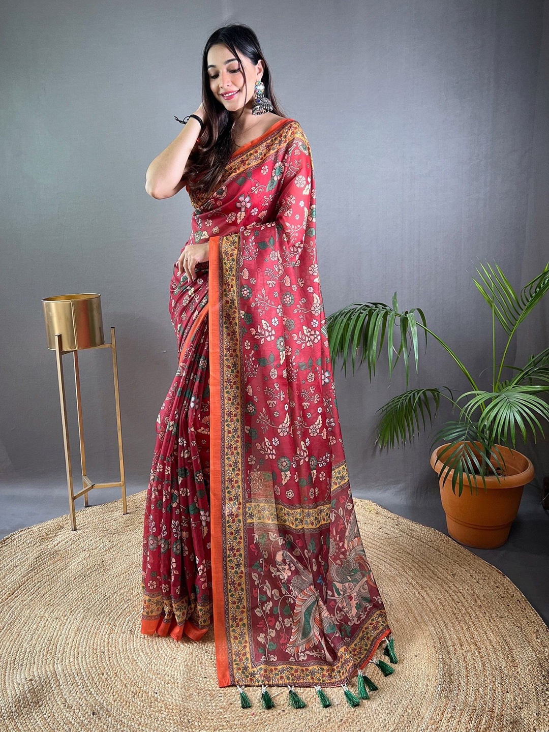 

RV CREATION Kalamkari Tussar Saree, Maroon