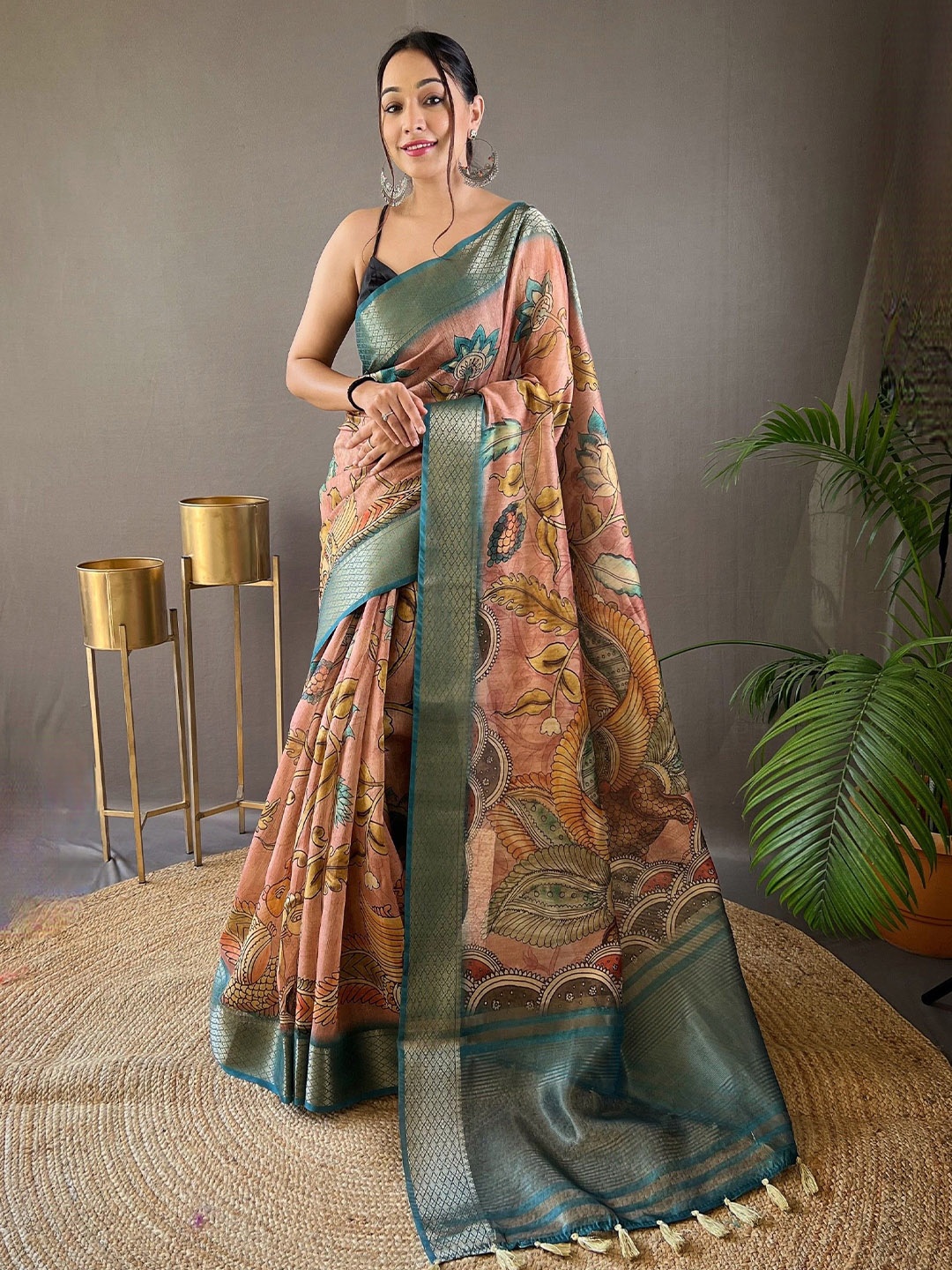 

RV CREATION Kalamkari Zari Tusser Saree, Blue