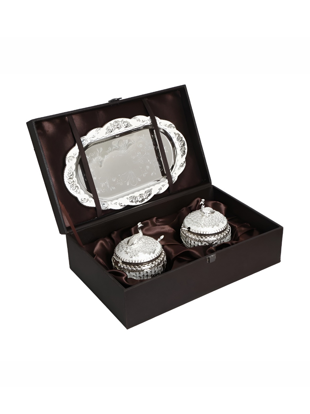 

THE HOME CO. Silver Toned Peacock Textured Jar Set With Tray