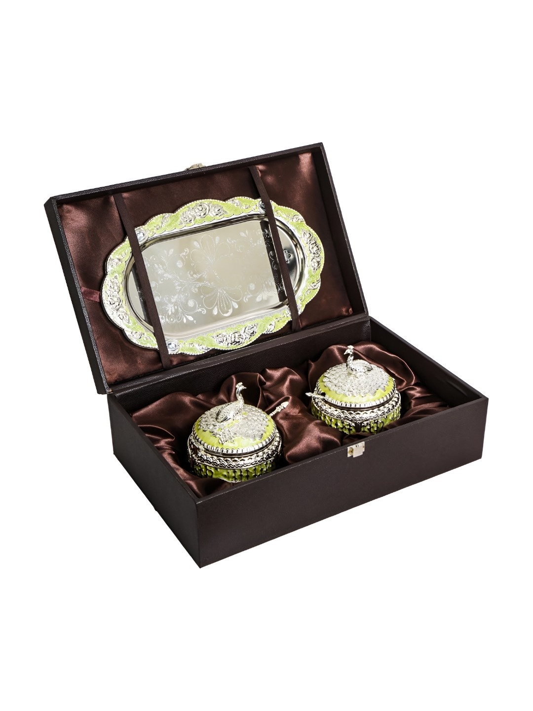 

THE HOME CO. Silver Toned & Yellow 3 Pieces Peacock Design Jar With Tray