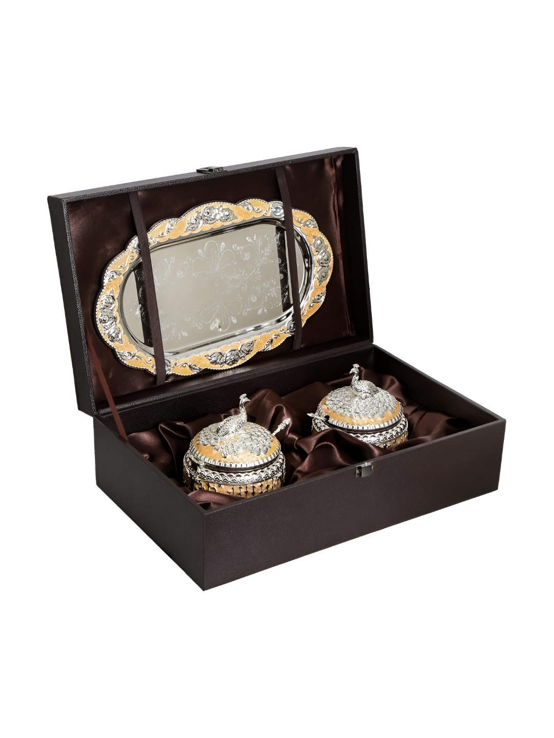 

THE HOME CO. Orange & Silver Toned Metal Peacock Jar Set with Tray