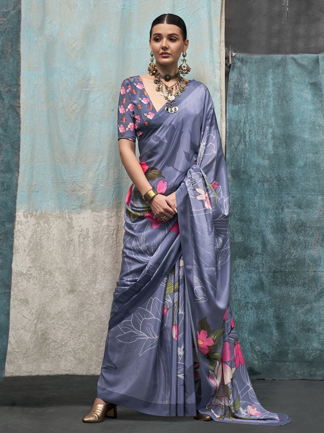 elora Floral Printed Saree, Blue