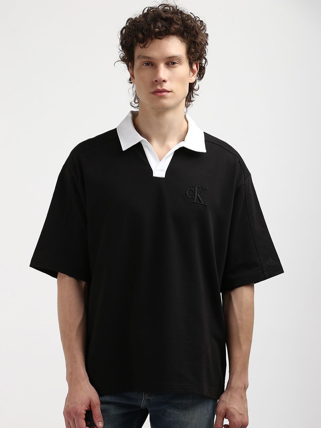 

Calvin Klein Men Polo Collar Drop-Shoulder Sleeves Organic Cotton T-shirt, Black