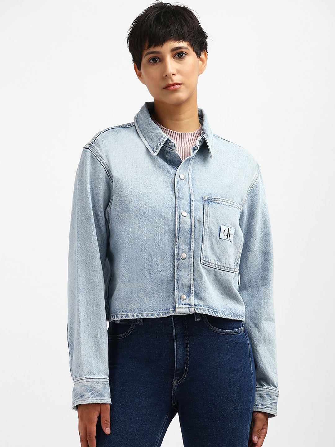 

Calvin Klein Women Spread Collar Longline Denim Jacket, Blue