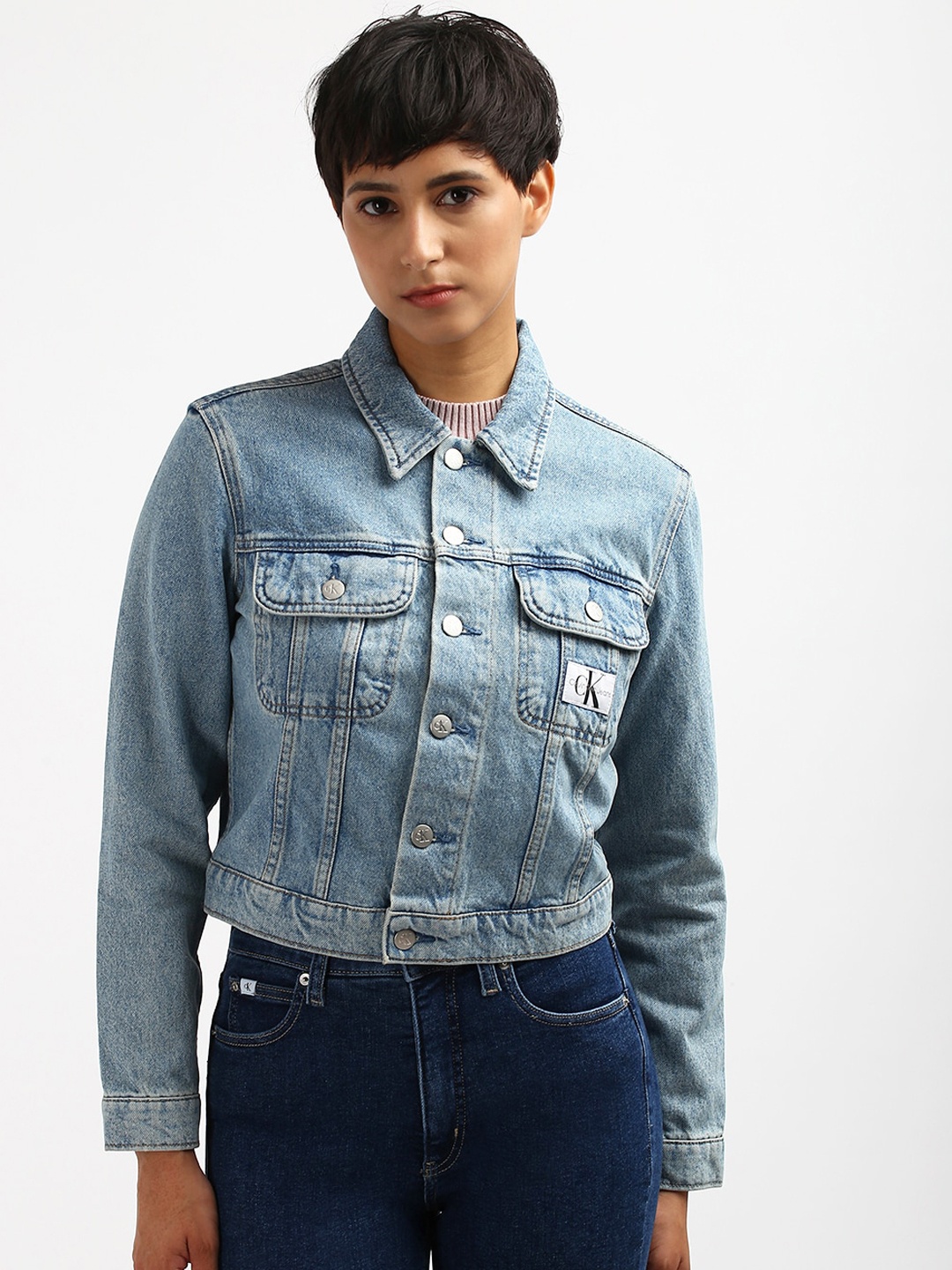 

Calvin Klein Women Spread Collar Denim Jacket, Blue
