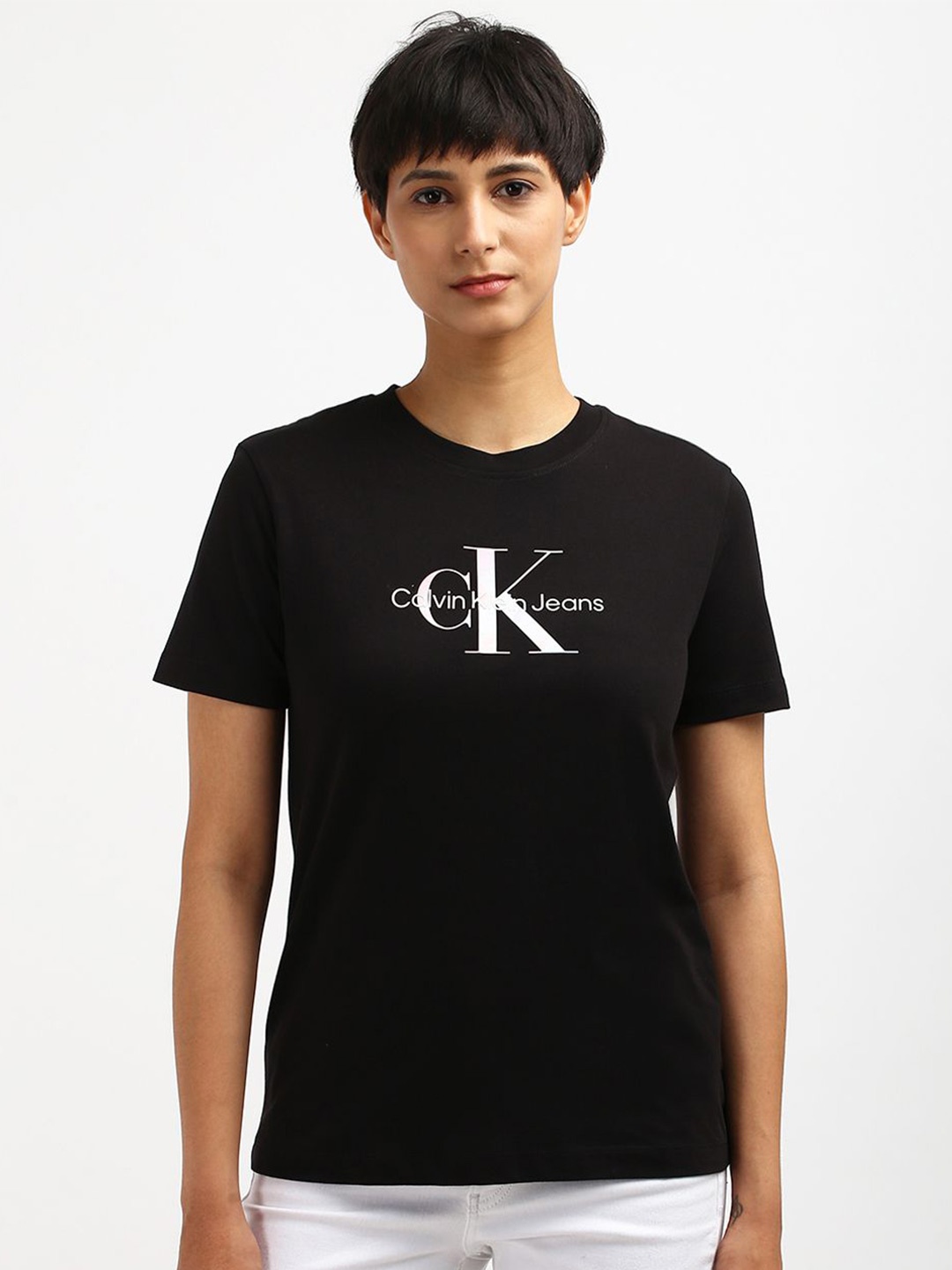 

Calvin Klein Women Typography Printed Monochrome T-shirt, Black