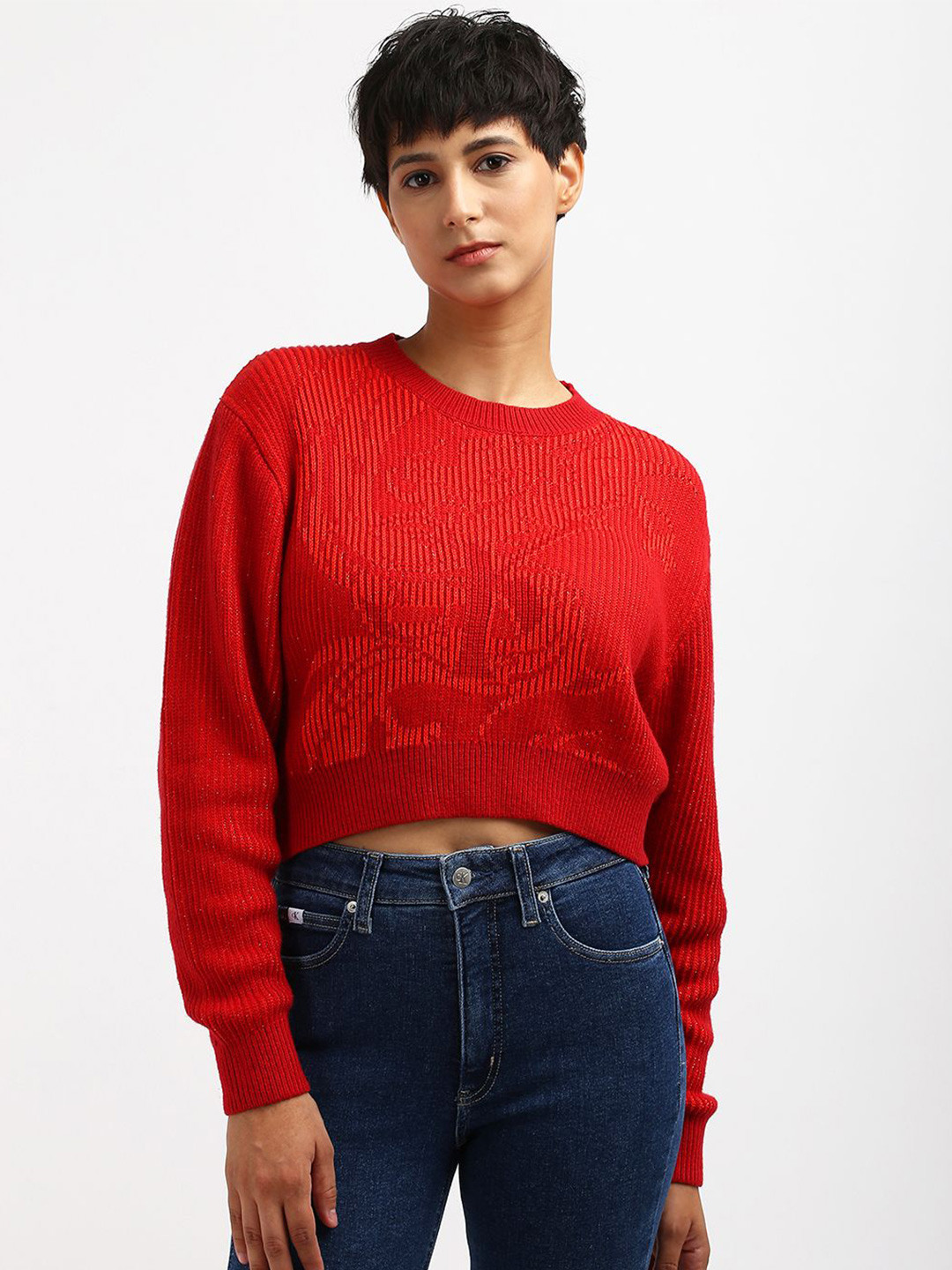 

Calvin Klein Women Round Neck Long Sleeves Ribbed Pullover Sweater, Red