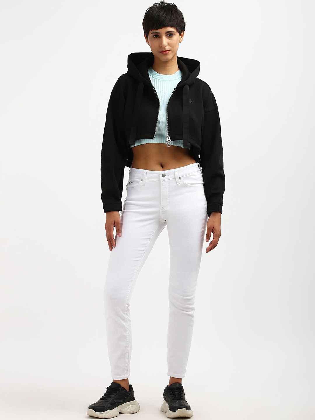 Calvin Klein Women Solid Crop Sporty Jacket, Black