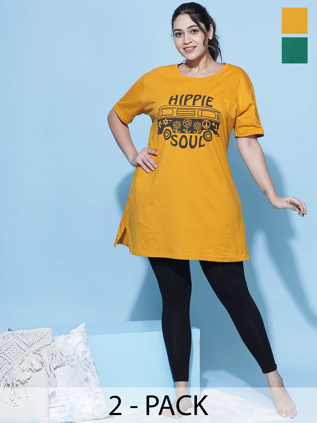 

9shines Label Pack Of 2 Graphic Printed Cotton Longline Lounge T-shirts, Green
