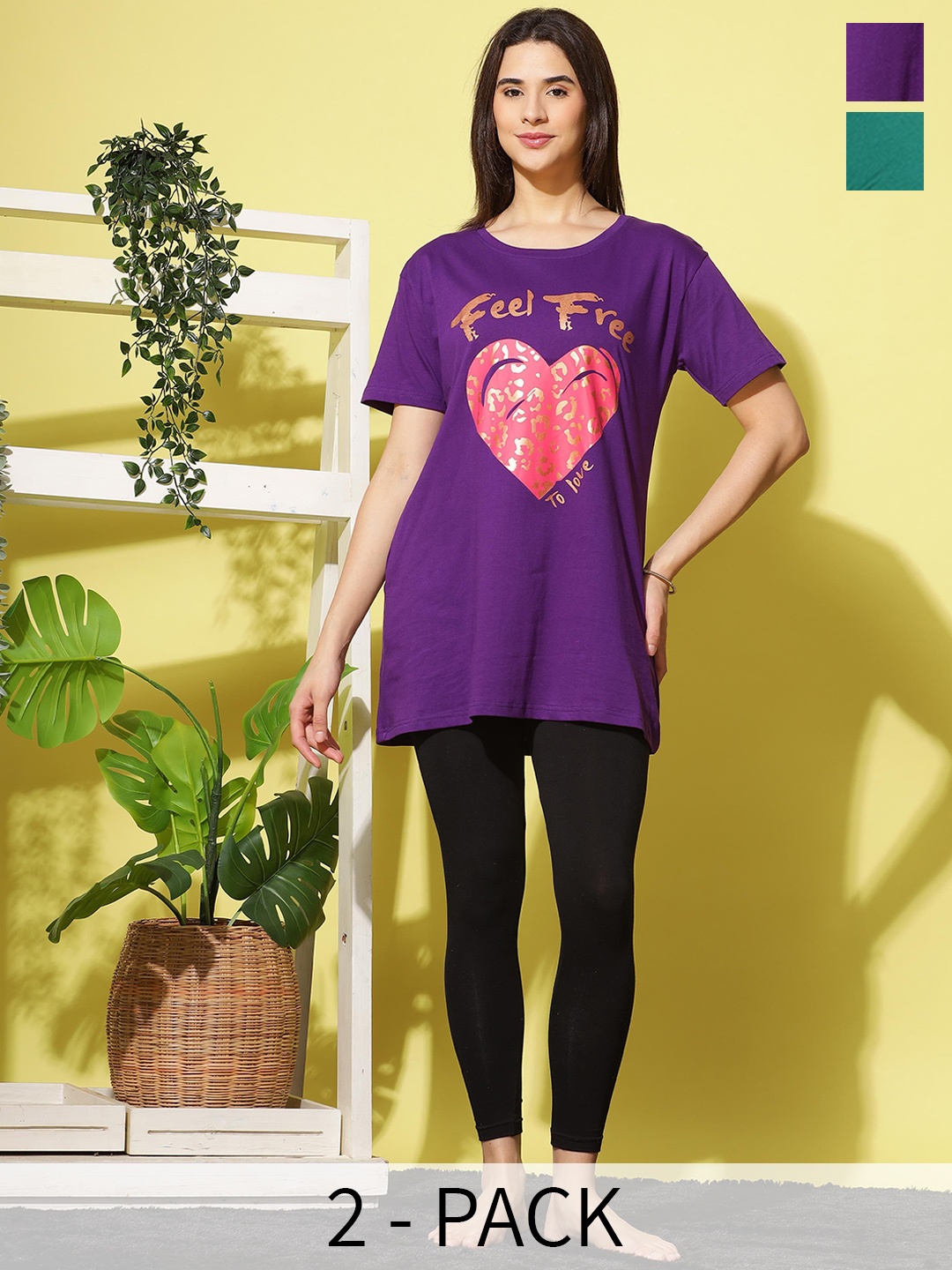 

9shines Label Pack Of 2 Printed Cotton Lounge T-shirts, Green