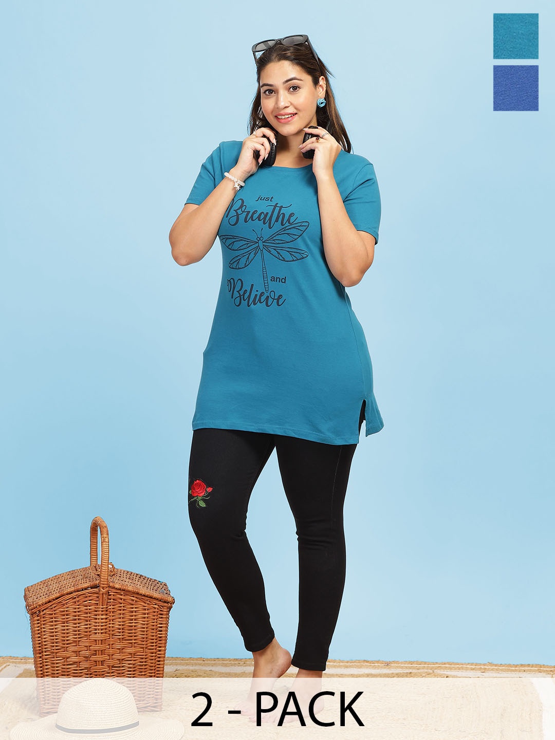 

9shines Label Women Graphic Printed 2Pcs Cotton Lounge T-shirts, Blue