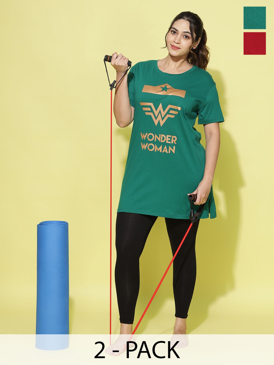 

9shines Label Pack Of 2 Graphic Printed Cotton Longline Lounge T-shirts, Green