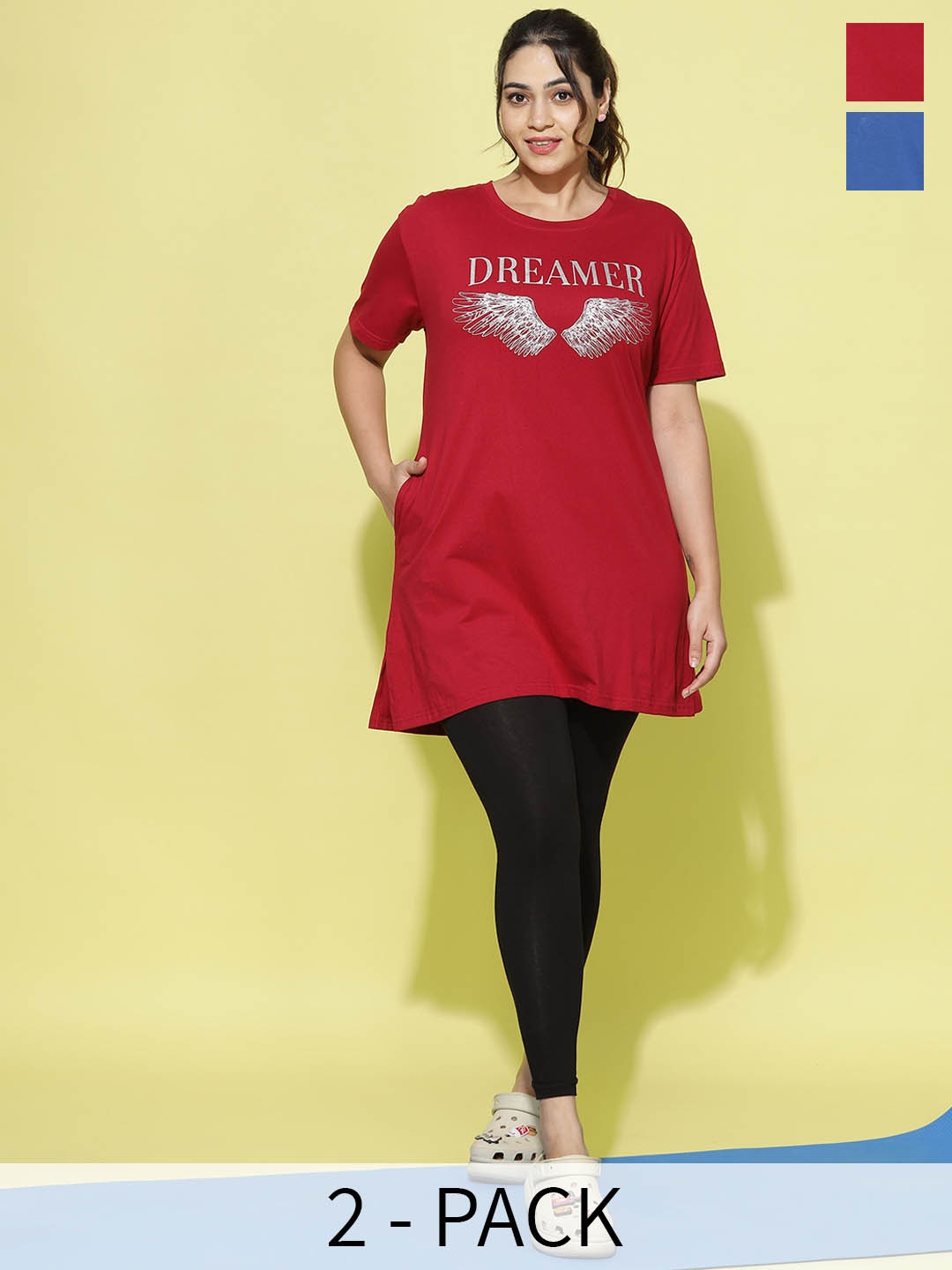 

9shines Plus Size Label Pack Of 2 Graphic Printed Cotton Longline Lounge T-shirts, Blue