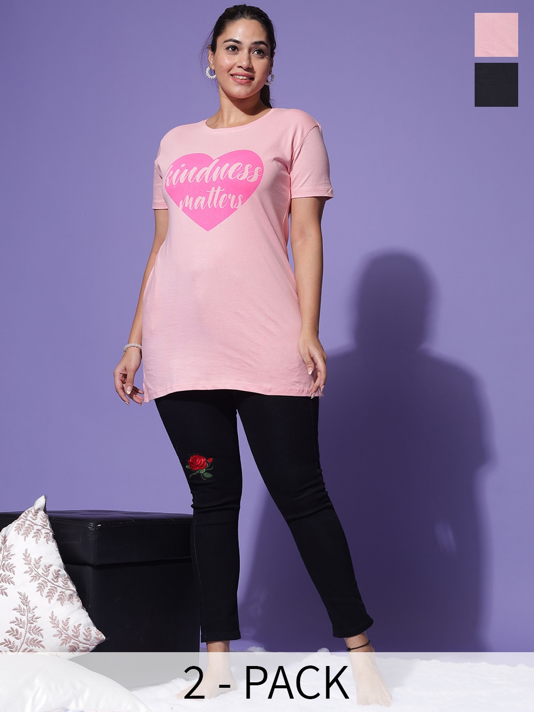 

9shines Label Pack Of 2 Graphic Printed Cotton Longline Lounge T-shirts, Pink