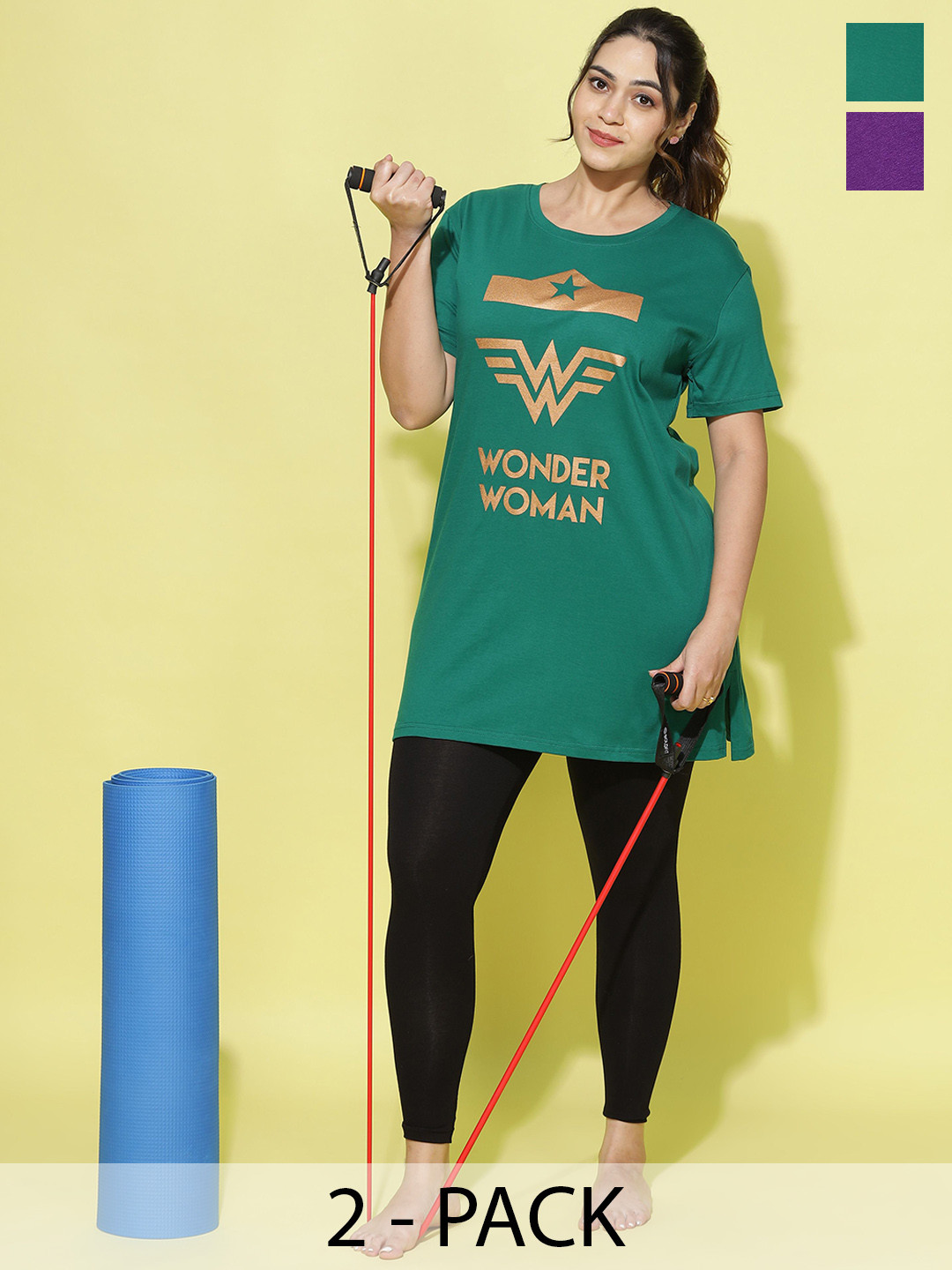 

9shines Label Pack Of 2 Graphic Printed Cotton Longline Lounge T-shirts, Green