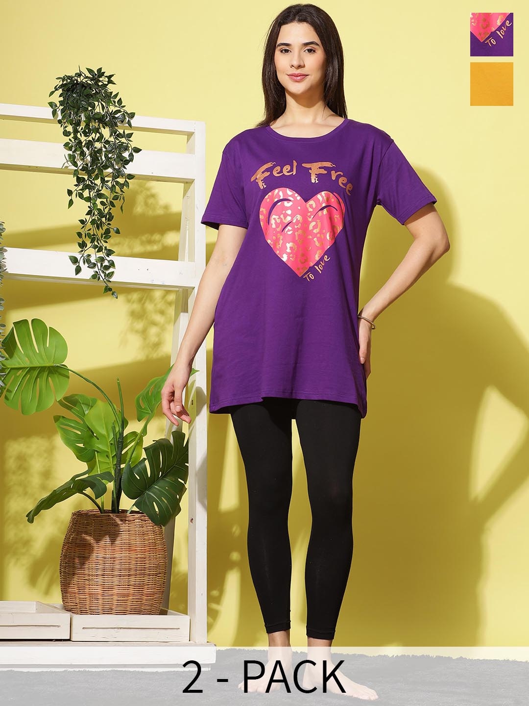 

9shines Label Women Graphic Printed 2 Pcs Cotton Lounge T-shirts, Purple