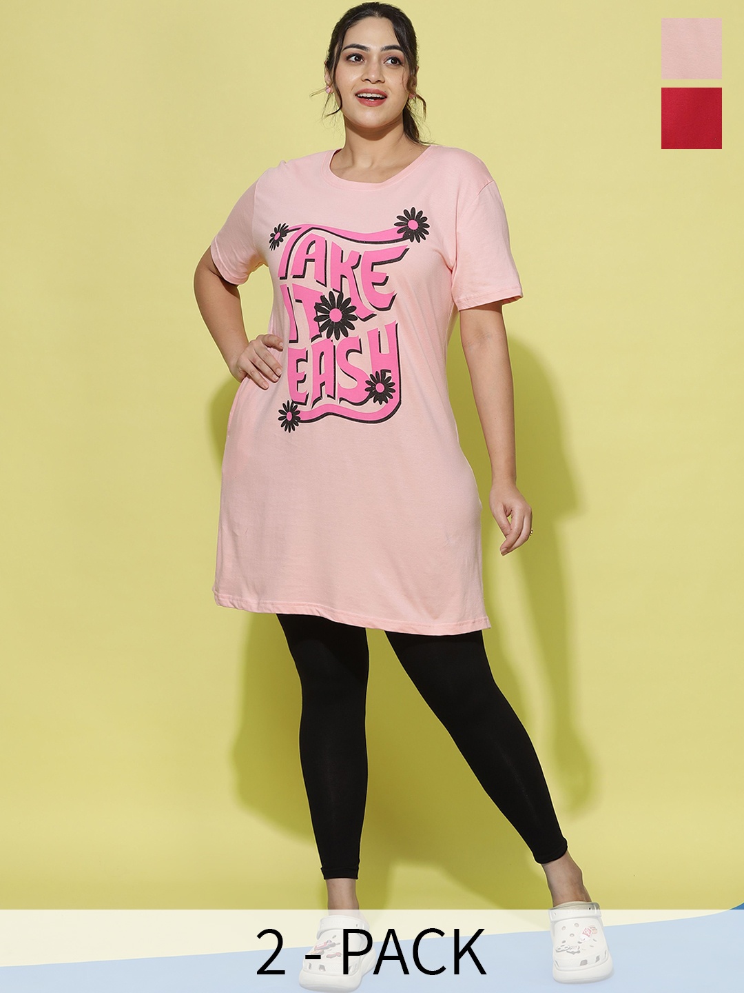 

9shines Label Women Pack Of 2 Graphic Printed Cotton Longline Lounge T-shirts Plus Size, Pink