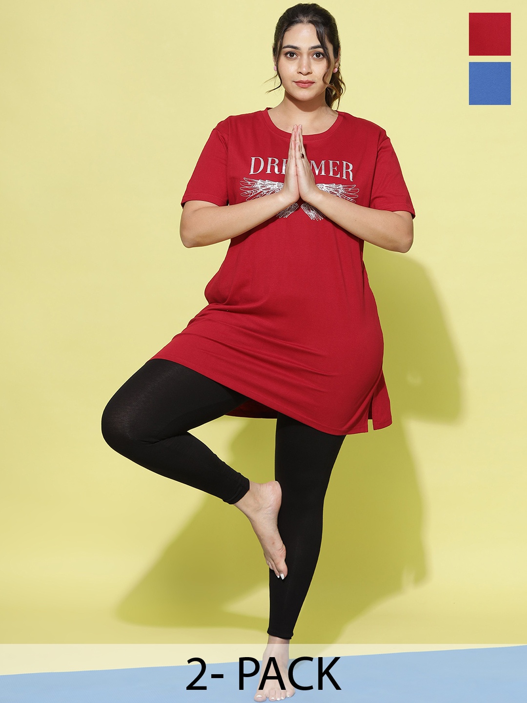 

9shines Label Plus Size Pack Of 2 Graphic Printed Cotton Longline Lounge T-shirts, Blue