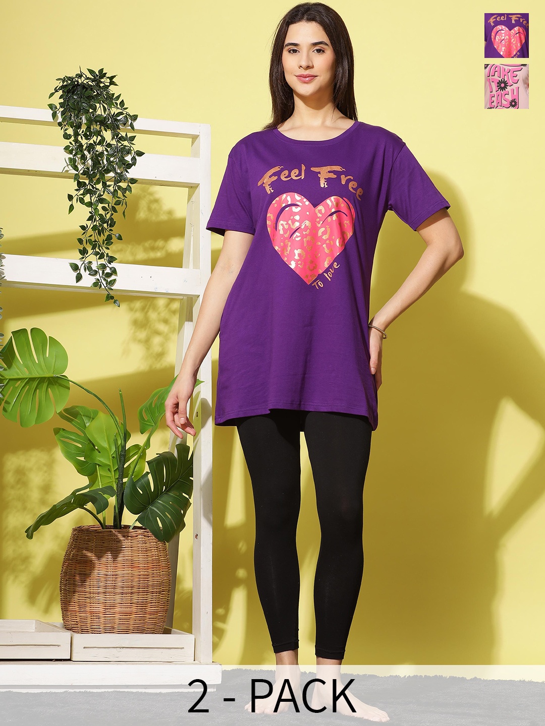 

9shines Label Pack Of 2 Printed Cotton Lounge T-shirts, Pink