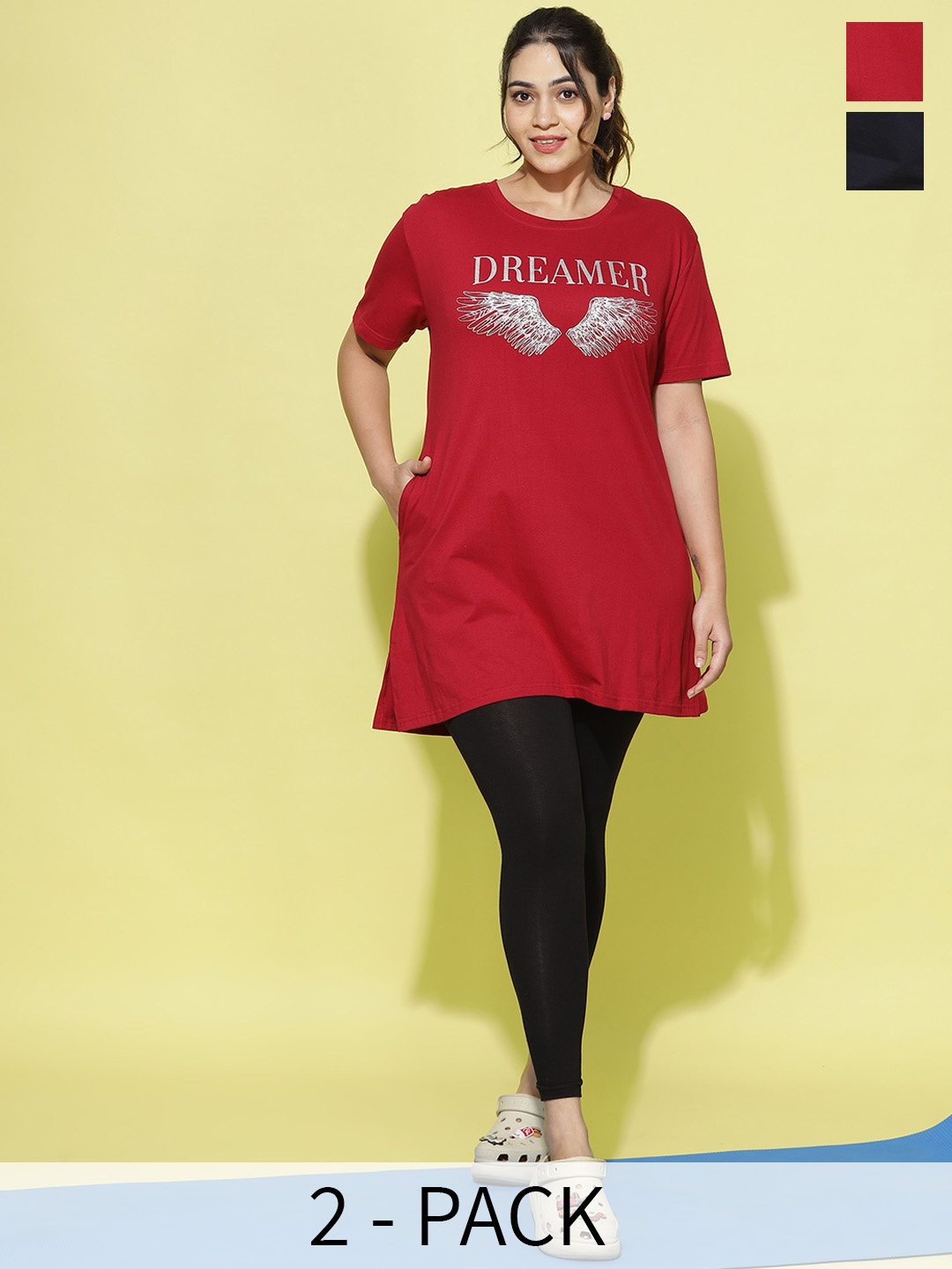 

9shines Label Pack Of 2 Graphic Printed Cotton Longline Lounge T-shirts Plus Size, Red