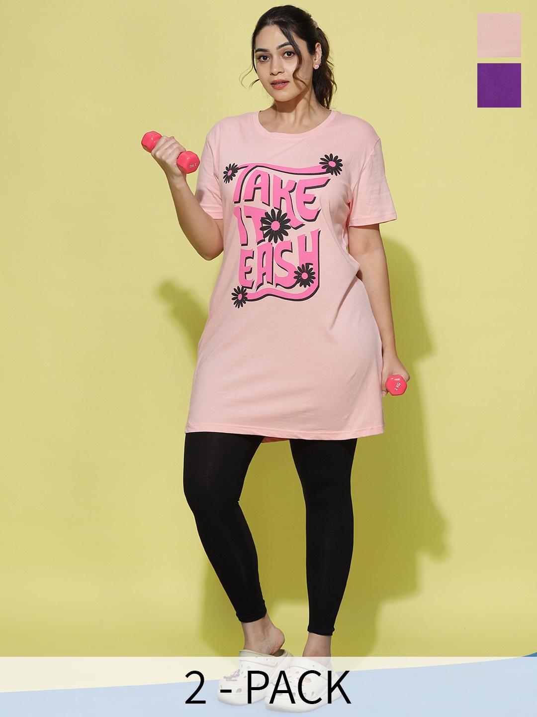 

9shines Label Pack Of 2 Graphic Printed Cotton Longline Lounge T-shirts, Pink